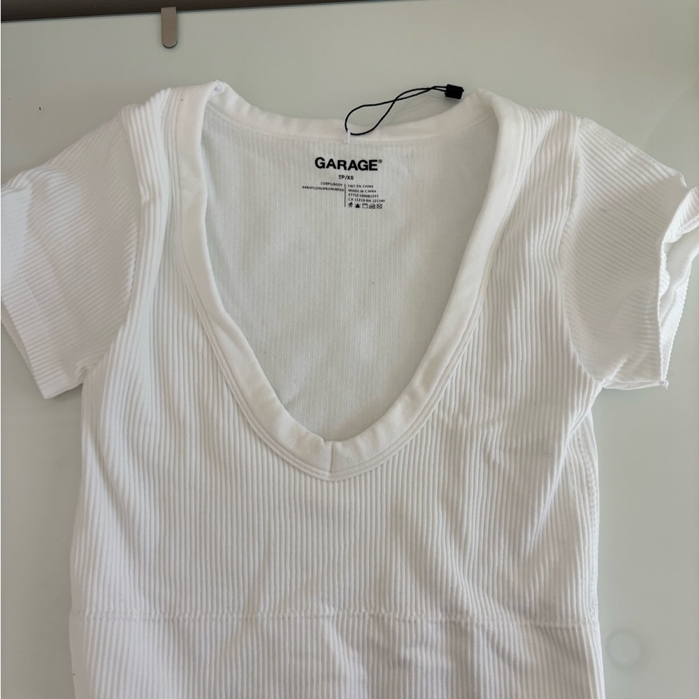 Garage White Ribbed Fitted Short Sleeve Tee